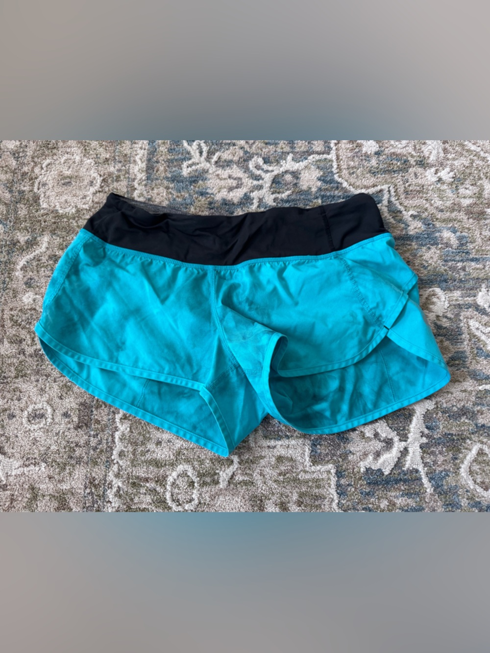 Lululemon Women's Turquoise Running Shorts with Black Waistband
